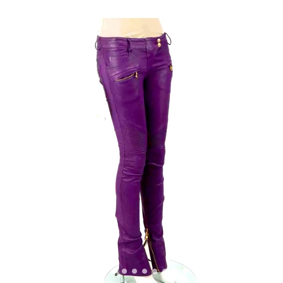 Balmain leather skinny biker pants purple size 36 gently worn - Picture 1 of 16